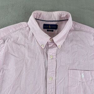 Polo Ralph Lauren Seersucker Shirt‎ Men 2XL Pink White Pocket Short Sleeve Pony